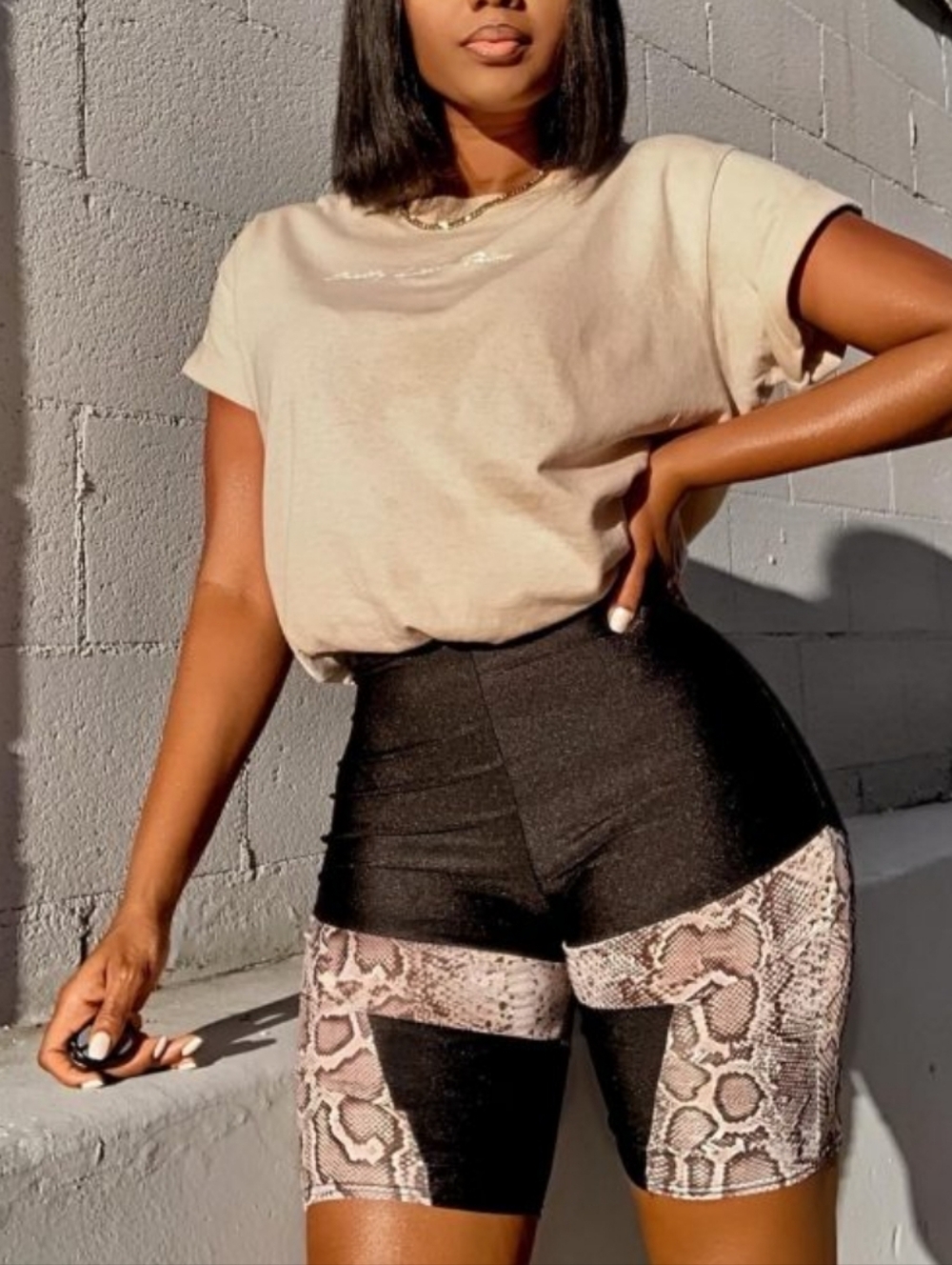 Snake-Trim Black Long Sleeve Crop Top & Legging Set